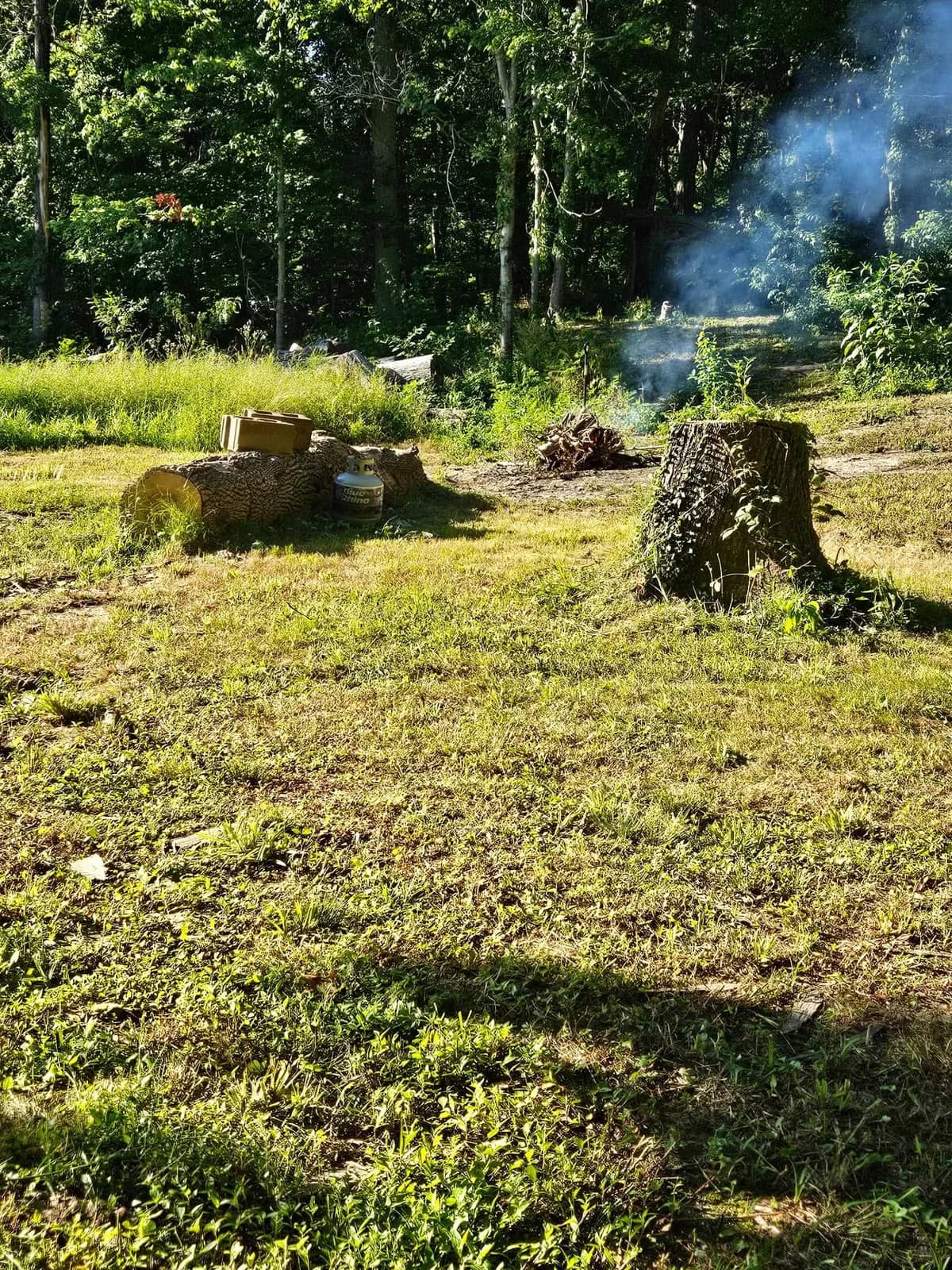 Stump and brush pile burning in an open field